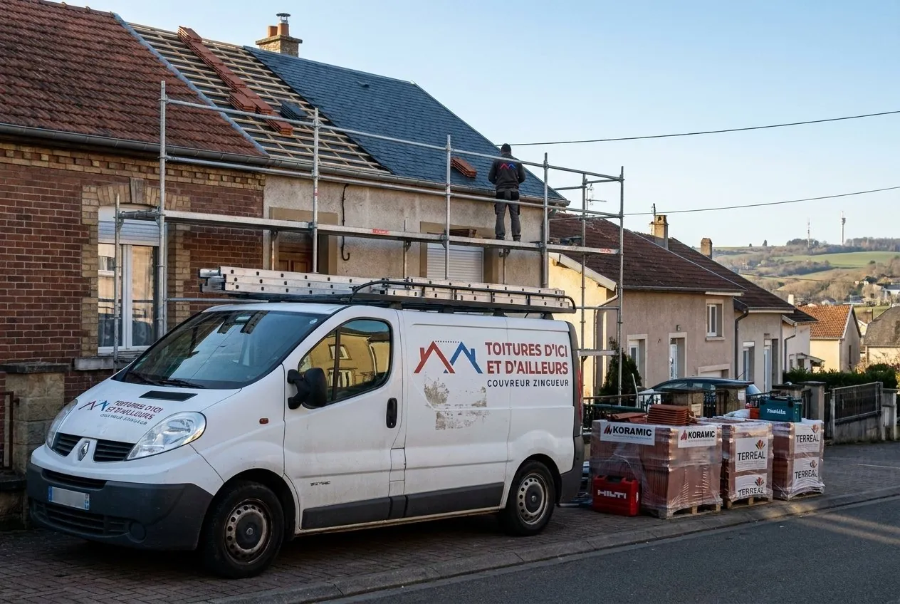 Camionnette de Atelier Micheville devant une maison en rénovation de toiture à Villerupt