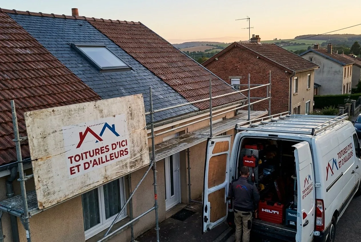 Chantier de Atelier Micheville sur une toiture tuiles et ardoise à Villerupt, camionnette ouverte