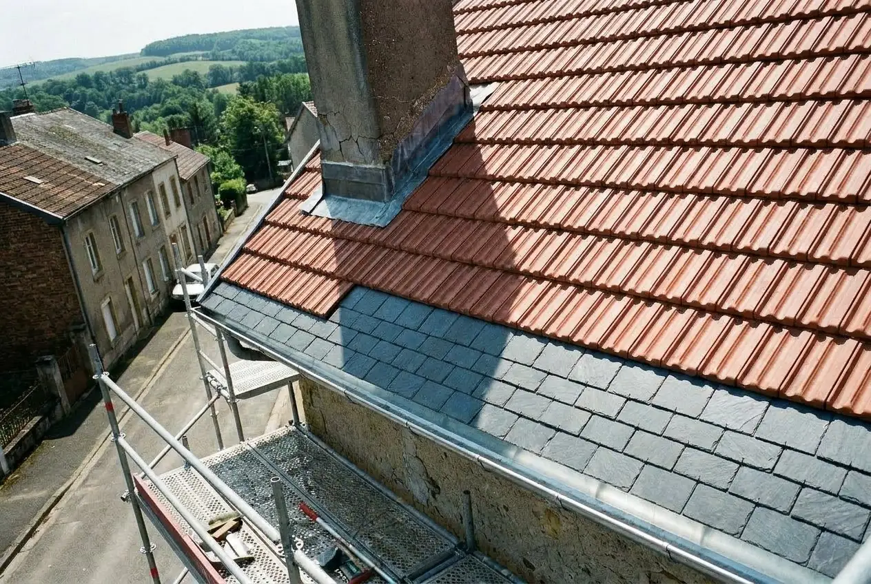 La même toiture à Villerupt après réfection en tuiles rouges et ardoise avec gouttière en zinc