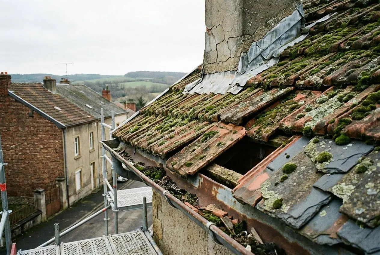 Toiture tuiles et ardoise moussue avec tuiles glissées et chéneau encombré à Villerupt, avant travaux