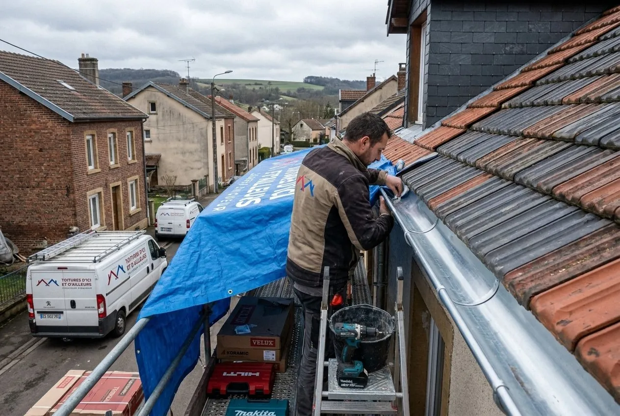 Couvreur posant une gouttière en zinc sur une toiture tuiles et ardoise à Villerupt